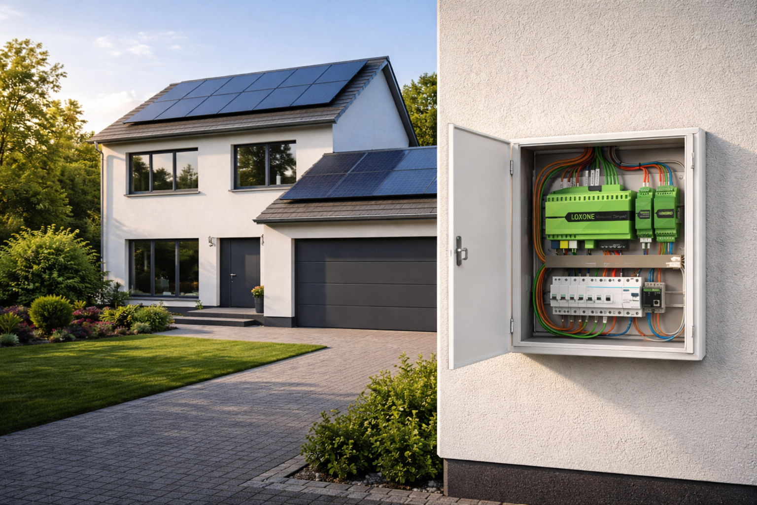 Modernes Haus mit Photovoltaikanlage und Loxone Energiemanagement