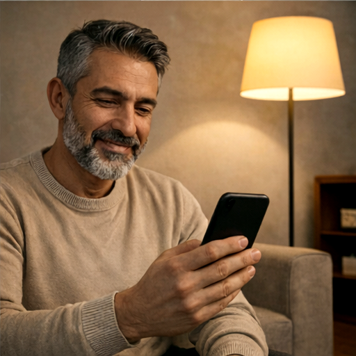Man dimming a lamp in the living room with a smartphone